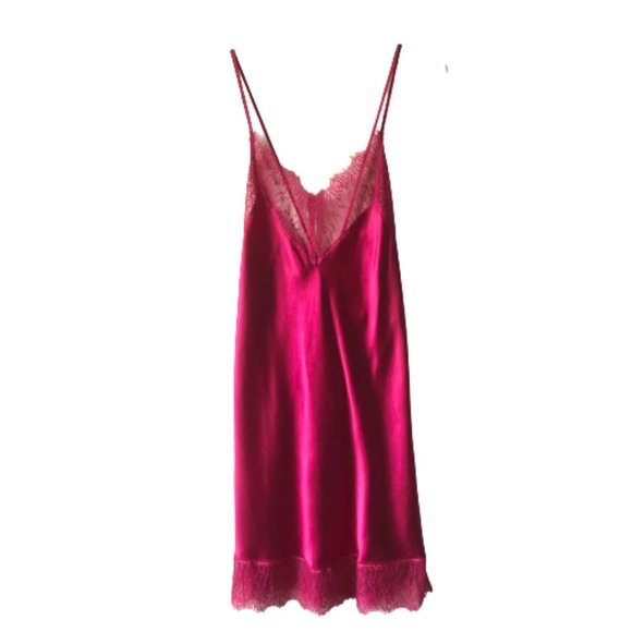NWOT New 100% Silk Pink Red Lace Criss Cross Chemise Negligee Full Slip Dress M - Picture 15 of 17
